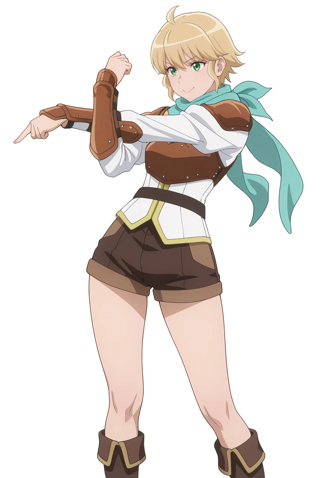 Smooth Quality,masterpiece,very intricate, high quality details, ultra realistic, high detailed skin,
simple background, white background,
front view,:>=,pointing forward,stretching, one arm raised, other on hip, slight side bend, relaxed body, ,
<lora:Rembrandt_Yunocnn:0.8> rembrandtyuno/cnn, blonde hair, solo, green eyes,1girl,aqua scarf,
armor, shorts,boots,