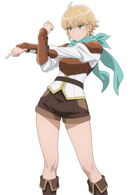 Smooth Quality,masterpiece,very intricate, high quality details, ultra realistic, high detailed skin,
simple background, white background,
front view,:>=,pointing forward,stretching, one arm raised, other on hip, slight side bend, relaxed body, ,
<lora:Rembrandt_Yunocnn:0.8> rembrandtyuno/cnn, blonde hair, solo, green eyes,1girl,aqua scarf,
armor, shorts,boots,