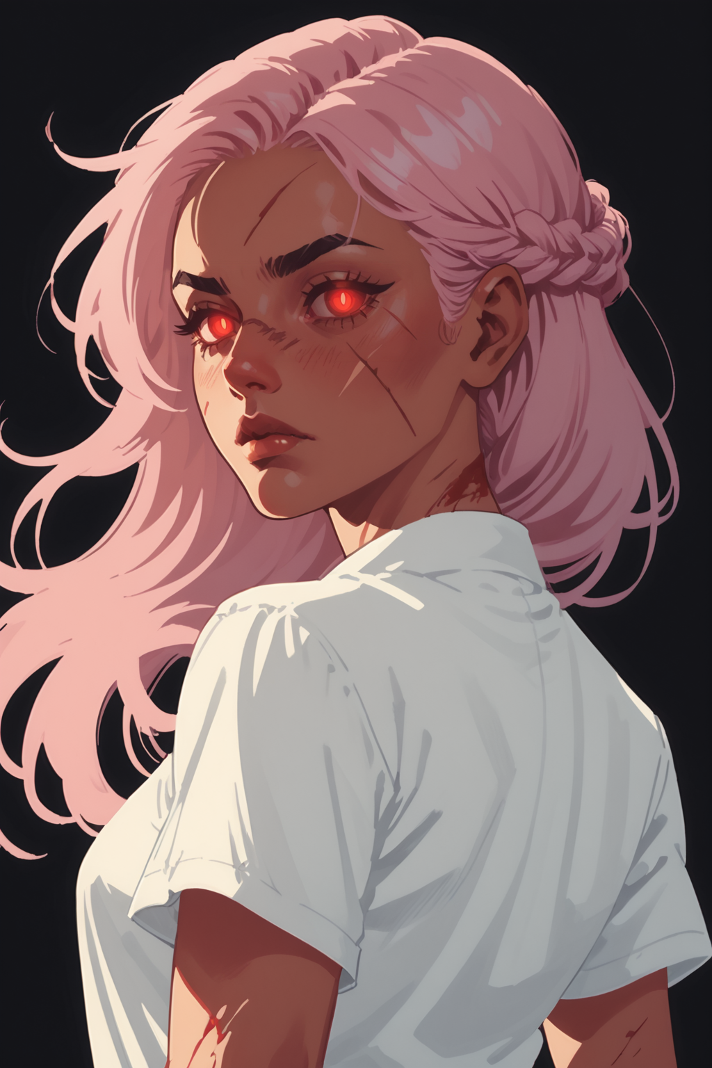 1girl, solo, red eyes, braid, long hair, looking at viewer, scar, parted  looking back, upper body, glowing, empty eyes, black background, cracked skin, shirt, corruption, breasts, white shirt, blood, pink hair, scar on face, glowing eyes, white hair, side braid,, zPDXL3,  PnyCmicXLPOS, detailxl,  (lineless, vector art:1.5)