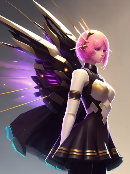 cyberpunk digital painting full body portrait of newtkn alisabcnv, art by midjourney, mechanical wings, glowing mecha, dark atmosphere, silhouette, detailed dark portrait, black, low saturation