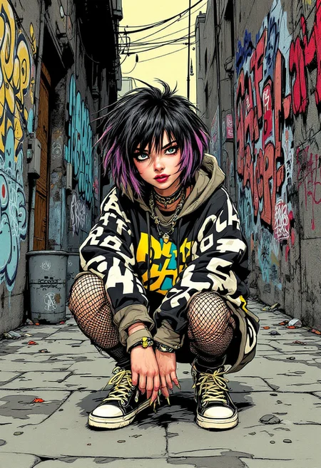 Illustration by Jamie Hewlett, bold linework, edgy character design, graffiti-style background, punk-inspired vibe, A cute girl squatting in a back alley, messy short bob haircut with dyed tips, wearing an oversized hoodie with bold graphic prints, ripped fishnet tights, high-top sneakers, layered necklaces, playful expression with a slight smirk, graffiti-covered walls and scattered trash cans in the background, gritty yet colorful urban atmosphere, inspired by Jamie Hewlett’s art style,