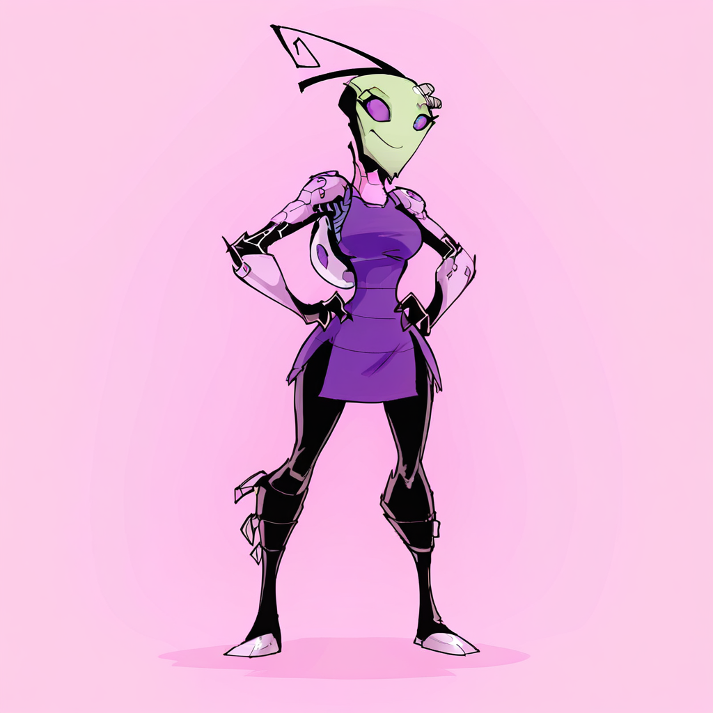 Tak(Bigdad), alien, broken antennae, purple eyes, female, Tak outfit, full body, smile, hands on hips, solo, 3fingers, pink background