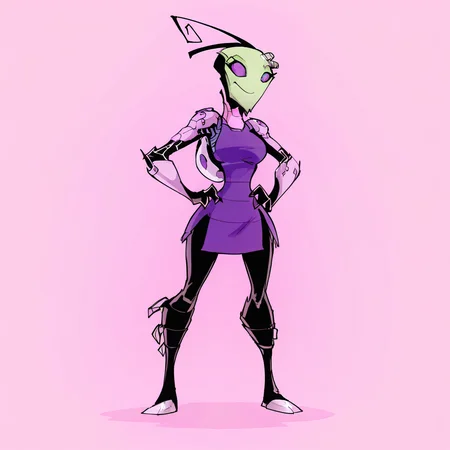 Tak(Bigdad), alien, broken antennae, purple eyes, female, Tak outfit, full body, smile, hands on hips, solo, 3fingers, pink background