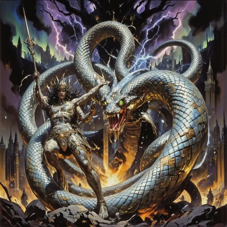 In a futuristic cyberpunk reimagining of Norse mythology, a cyber-valkyrie engages in a fierce battle against the massive Jörmungandr. The valkyrie’s sleek, high-tech armor glows with pulsating runes, blending ancient Nordic designs with advanced technology. Her helmet, crowned with illuminated wings, projects a holographic display, and her spear crackles with electric-blue energy, leaving trails of light with every strike. The Jörmungandr is an enormous cybernetic serpent, its body made of segmented, iridescent scales engraved with glowing runic patterns. Its eyes burn like molten magma, and its fanged maw drips with acidic, neon-green venom. The serpent’s movements are both mechanical and organic, its body coiling around shattered remnants of a futuristic Asgard. The battlefield is a cyberpunk Ragnarok—a ruined cityscape where towering skyscrapers are fused with ancient stone temples. The sky above is a chaotic blend of auroras and storm clouds, with flashes of lightning illuminating the metallic combatants. A digitalized Yggdrasil looms in the background, its branches flickering like a corrupted network, as sparks and debris fill the air. The scene captures the epic struggle between advanced technology and mythical power. metallic snake, metal snake, snake, Frank Frazetta fantasy oil painting, G0thicL1nes, aidmaMJ6.1, drkfnts style