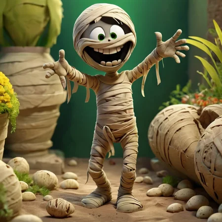 <lora:SDXL_mummy_Sa_May:1> mummy, a desiccated mummy, nice, happy, smile, 3d at the garden cartoon