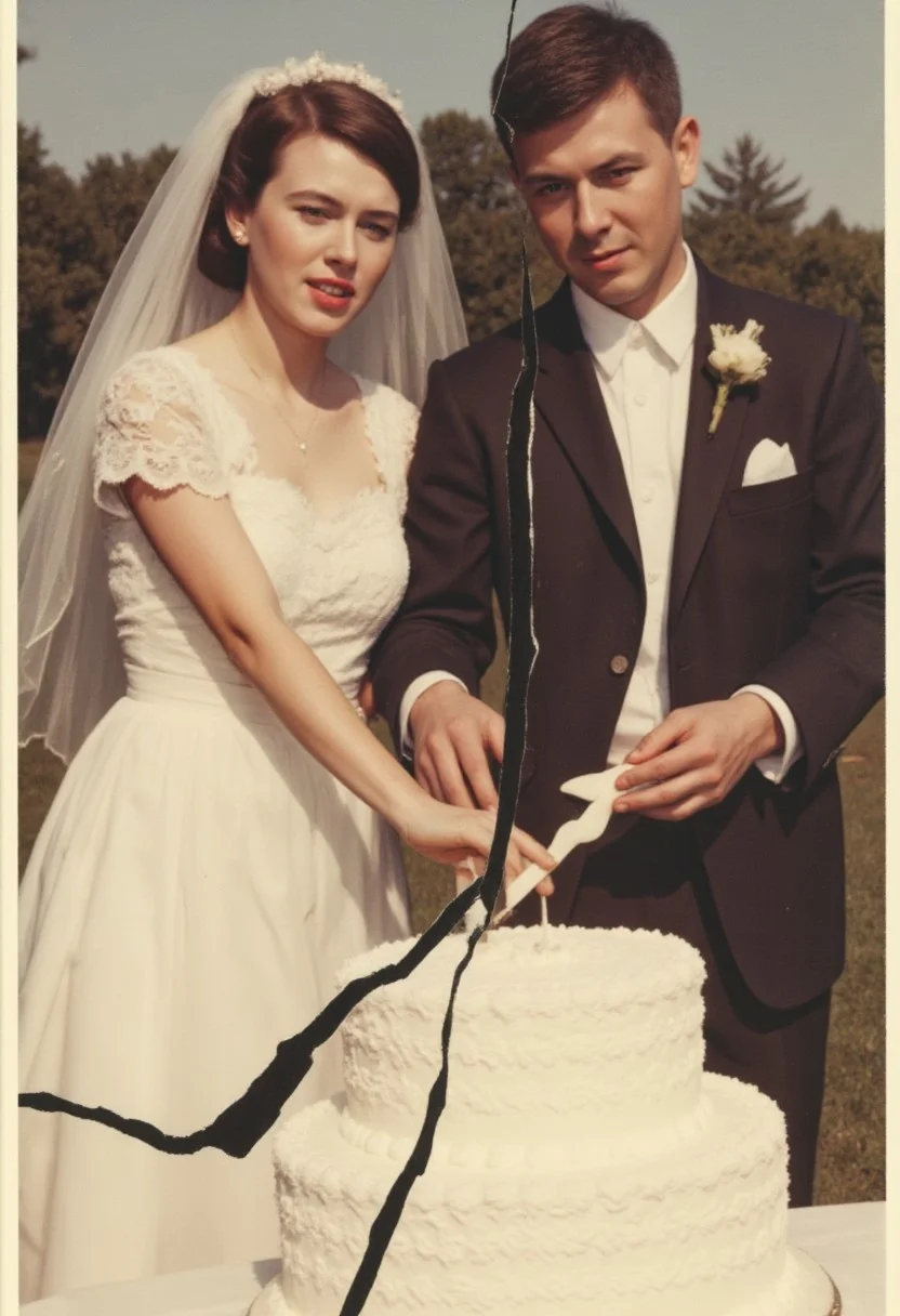 Vintage Experimental wedding day candid photo, spliced and rearranged in a jagged and broken pattern. A woman wearing a wedding dress, and white bridal shoes. A blue-collar man wearing a used tuxedo. Cutting the wedding cake, outdoors on a sunny day. Large cracks in the photo separates the bride and the groom. Faded colors and vintage aesthetics from the 1960s.