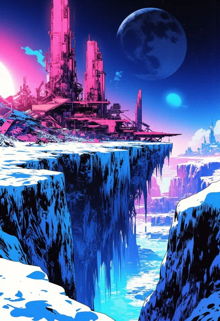 Inkpunk Anime, Abstract digital painting in the style of ck-js, icy snow-covered landscape landscape, Artemis Station perched at the edge of an icy cliff, its sleek towers a stark contrast to the cliffs surrounding it. The planet’s sun casts a vivid, surreal light across the station, while deep fissures reveal rivers of blue far below. The sky is a dark blue, with a moon hanging low in the horizon