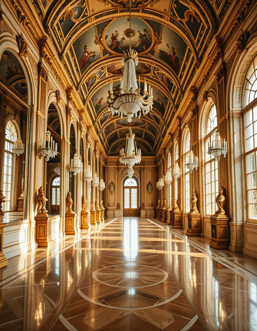 A breathtaking, photorealistic depiction of the Hall of Mirrors (Galerie des Glaces) at the Palace of Versailles in France, captured in golden afternoon light. The hall is grand and opulent, with a high arched ceiling painted with intricate Baroque frescoes. The walls are lined with tall arched mirrors on one side and large arched windows on the opposite side, flooding the space with natural light. Elegant crystal chandeliers hang from the ceiling, reflecting in the mirrors and sparkling with golden highlights. The marble floors are polished and gleaming, with rich, warm tones. Gilded statues and decorative elements frame the mirrors and doorways. The image style is ultra-detailed and photorealistic, with sharp textures and soft, warm lighting creating a majestic, timeless atmosphere. No people present, only the serene magnificence of the empty hall. Camera angle at eye level, centered down the hall, capturing the full length and symmetry of the space.
<lora:SDXLFaeTastic2400:0.4> <lora:extremely_detailed:0.4> extremely detailed,Hall of M1rr0rs, <lora:Hall_of_M1rr0rs-i:1>, Masterpiece,best quality,hi res,8k,hi res,8k,award winning,(sharp focus, intricate, highly detailed),