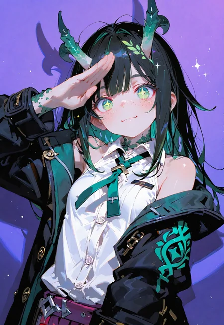 looking at viewer,above torso shot,salute,smile

1 girl,petite,loose unruly messy hair,messy bangs,black hair,green accents hair,fair skin,dragon horns,green eyes, sparkling eyes,freckles

Large Black coat with green accent,coat hanging sleeves,white sleeveless buttoned shirt,green tie, exposed shoulder

Color background, bright purple background,shadow, light from front,glimmer, scales design, sparkling

Cunnystyle,748cmstyle,Smooth_Quality,dynamic pose, foreshortening, extreme perspective,masterpiece,best quality,amazing quality, aesthetic,bright colors,bold lines
