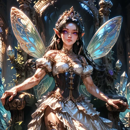 Action scene, detailed, photo realistic, hyper realistic, score_9, rating_safe, solo ((arch fey, violet eyes, (beautiful woman, white underbust corset, skirt, pants, sword belt, and holding a sword), ((huge muscles, small petite breasts, muscular thighs)), ((bronze metallic gold skin ral-polishedsteel)), (fairy wings), (long black hair))), (standing next to a multicolored crystal throne, in a detailed throne room filled with treasures, detailed lighting), hi res, hi quality, 4k, concept art, digital art, realistic, detailed background, lens flare, pixel art, piratical beauty, great lighting