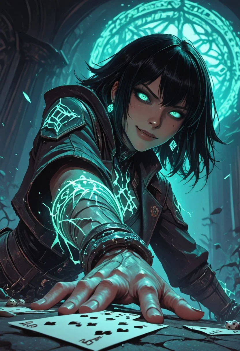 mysterious female gambler, punk mystic vibe, glowing eyes, smirking confidently, throwing glowing dice toward the viewer, enchanted playing cards, extreme foreshortening, dynamic action pose, angle from below, worm's-eye view, cinematic fantasy scene, dice in foreground appearing massive, sleek dark clothing with arcane glowing patterns, waist-up view, hand reaching toward the camera, glowing tattoos, energetic motion, dark magical saloon or ancient temple setting, mystical lighting, high detail, dramatic depth of field, visual intensity, bold composition, dark fantasy style, ultra sharp focus on eyes and dice,