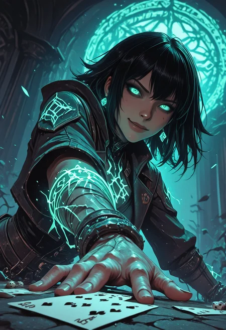 mysterious female gambler, punk mystic vibe, glowing eyes, smirking confidently, throwing glowing dice toward the viewer, enchanted playing cards, extreme foreshortening, dynamic action pose, angle from below, worm's-eye view, cinematic fantasy scene, dice in foreground appearing massive, sleek dark clothing with arcane glowing patterns, waist-up view, hand reaching toward the camera, glowing tattoos, energetic motion, dark magical saloon or ancient temple setting, mystical lighting, high detail, dramatic depth of field, visual intensity, bold composition, dark fantasy style, ultra sharp focus on eyes and dice,