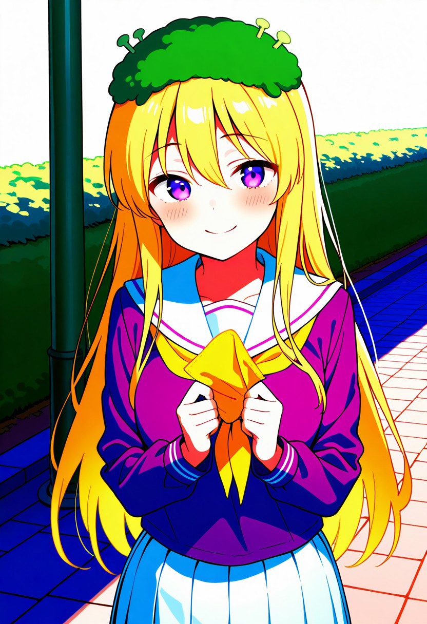 smasterpiece, best quality, amazing quality, score_9, score_8_up, score_7_up, score_6_up, score_5_up, score_4_up,
solo, ,Miyubi_Shihio, long hair, blonde hair, moss on head, (purple eyes: 1.2), 
skirt, school uniform, pleated skirt, serafuku, white skirt, shirt, purple shirt, sailor collar, white sailor collar, long sleeves, handkerchief, yellow handkerchief, 
smile, park