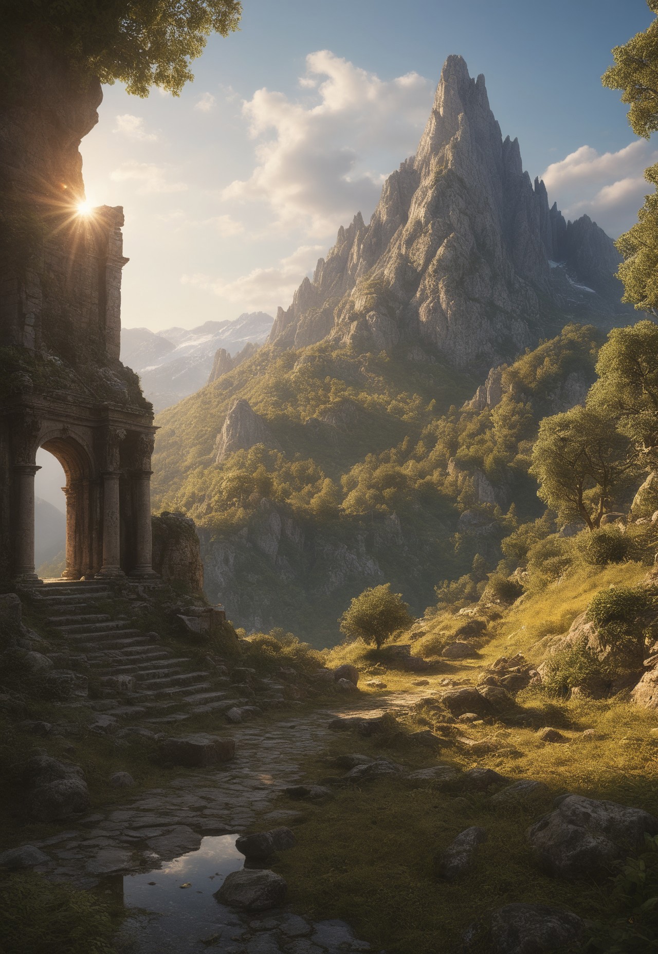 (ruins, broken, snow, dappled sunlight:1.2), sun, tree, forest, scenery, rock, reflection, ancient, overgrown, mountains, sunset, clouds, mountainous horizon, fantasy, medieval, 1other, looking away (masterpiece, exceptional, best aesthetic, best quality, masterpiece, extremely detailed:1.2), in the style of umempart
 (8k uhd:1,4)
 <lora:add-detail-xl:1>
 <lora:Dynamic Poses:1>