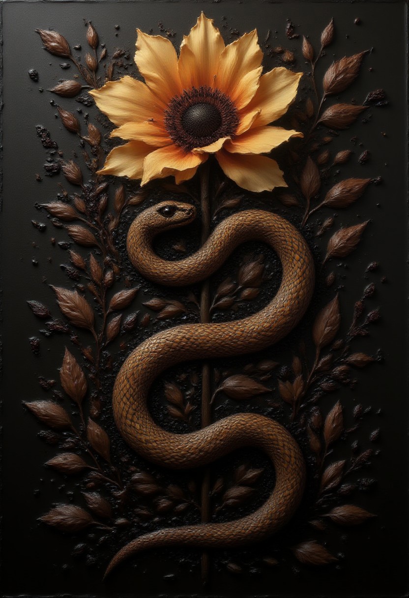 aidmayearofthesnake, oil painting featuring a snake and a golden flower on a completely dark canvas