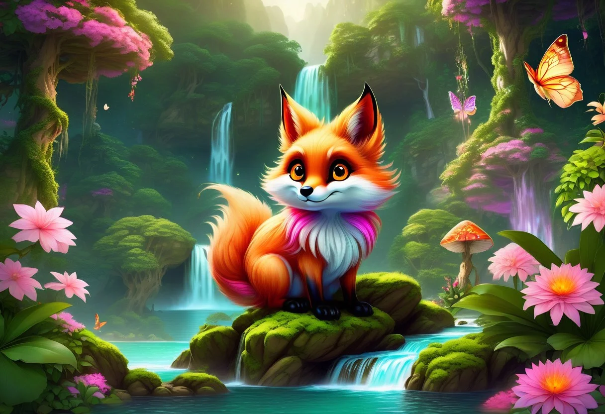 a cute fantasy animal resembling a mix between a fox and a squirrel, with large expressive eyes, fluffy fur, and a bushy tail, standing on a moss-covered rock surrounded by butterflies, in an enchanted forest with a waterfall in the background, lush greenery, and colorful flowers, whimsical cartoon-like style, soft lighting, bright magical atmosphere, soft greens, pinks, and purples, playful and enchanted feel