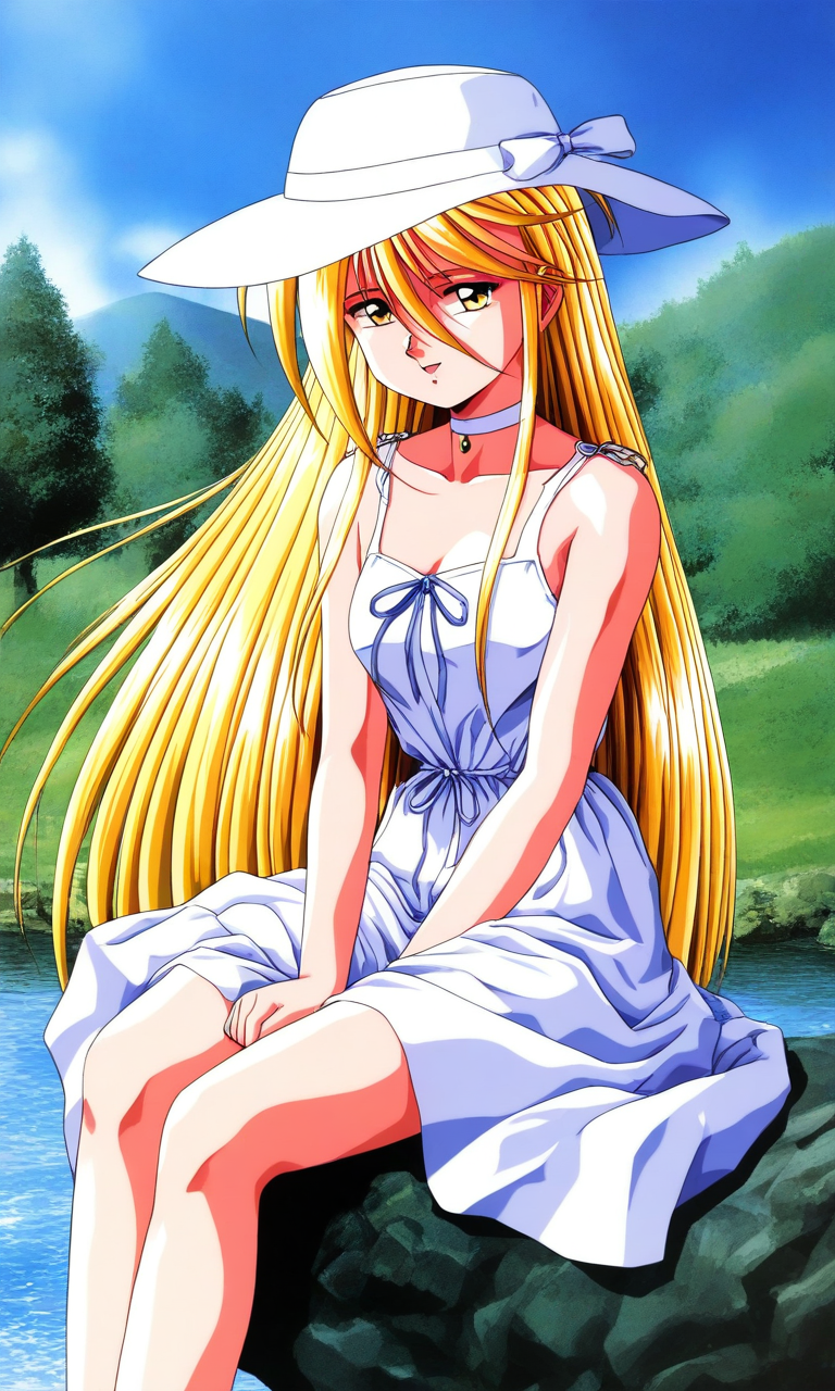 general,highres, ultra-detailed,very aesthetic,best quality ,best hands, BREAK <lora:Ijuuin_Rei_Tokimeki_Memorial_IS:1>
Ijuuin_Rei(Tokimeki_Memorial), 1girl, solo, blonde hair, yellow eyes, hair between eyes, breasts, 
long hair, hat, white dress, sundress, sun hat, day, outdoors,  sitting,
 water, choker, 1990s (style), tree,
very long hair, sleeveless dress, sleeveless, 
sky, hair between eyes, ribbon