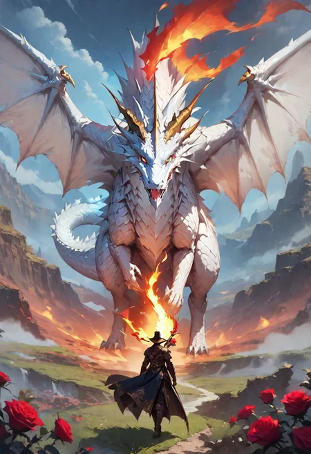 (masterpiece), (best quality), source_anime+, perfect anatomy, HD, 10k Res, digital_media_(artwork) hi_res, intricate, high quality, amazing quality, (noir, fantasy) theme, (1 feral white dragon, breathing fire), (rose, plains), Drestoria-Style_V1