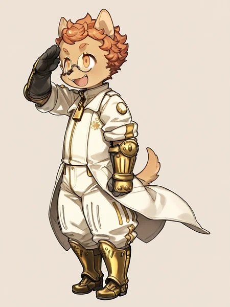 BREAK, <lora:Socks_Million_Illustrious_V1:1>, Socks Million, Fuga: Melodies of Steel, kemono, furry male, young male, 1boy, dog boy, cream fur, orange eyes, orange hair, black nose, animal ears, dog ears, pointy ears, dog tail,
Fuga 3 Outfit, metal boots, white pants, gold pants, white top, gold top, topwear zipper, gauntlets, white coat, glasses,
BREAK, solo, full body, smile, open mouth, looking away, salute