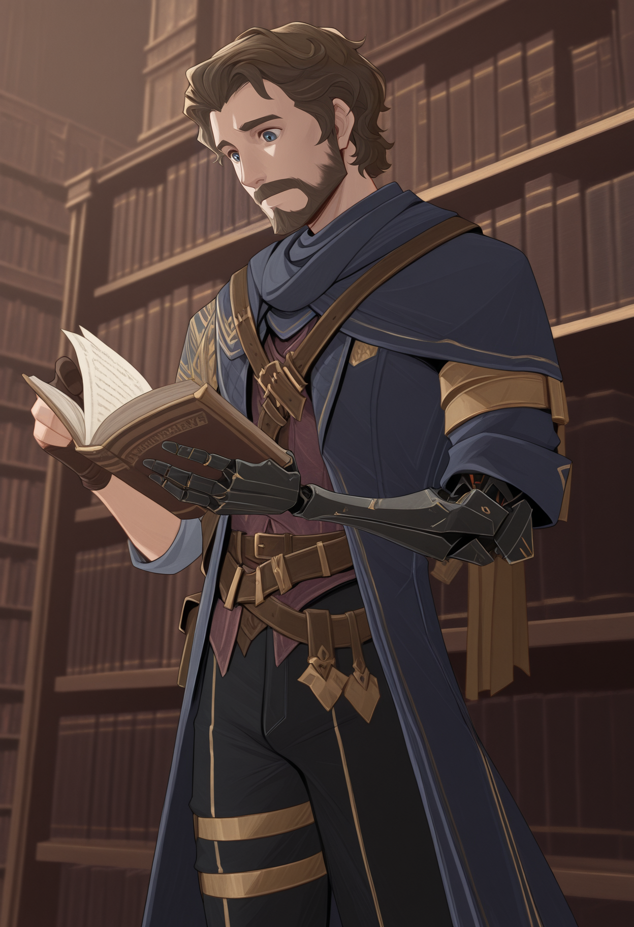 masterpiece, best quality, amazing quality, 1boy, <lora:gustav_illustrious_byJaneB:1>, gustav,
coat, single mechanical arm, single fingerless glove, pants,reading a book, library,  <lora:afkArenaIllustrious:1> afkArenaStyle