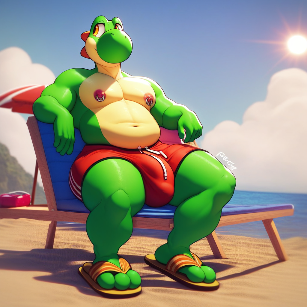 score_9, score_8_up, score_7_up, 2k, 4k, high res, 2d (artwork), Poppin, 1boy, solo, green skin, orange eyes, looking to the side, Yoshi, tail, furry, anthro, smiling, red swim trunks, topless, male swimwear, large hips, overweight male, beach sandals, fat, wide hips, large pectorals, nipple piercings, bottom heavy, thick thighs, massive bulge, beach background, sitting, sitting on beach chair, sitting under sun umbrella, side pov