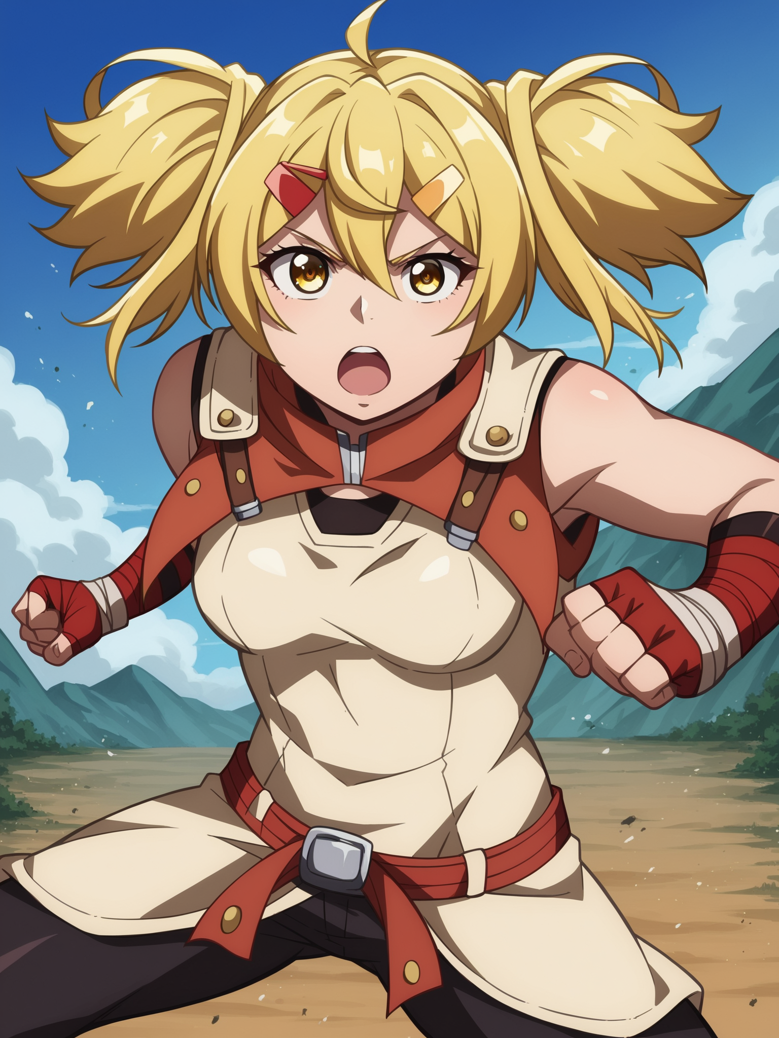 score_9, score_8_up, score_7_up, source_anime,
<lora:OiKatzo_epoch_03:1.0>
OiKatzo, yellow eyes, 1girl, blonde hair, hair between eyes, hair ornament, bangs, solo, short twintails, twintails, hairclip, incoming punch, fighting stance, 
combat-outfit, clenched hand, punching, medium breasts, bandages, fingerless gloves, thigh gap, raised fist,