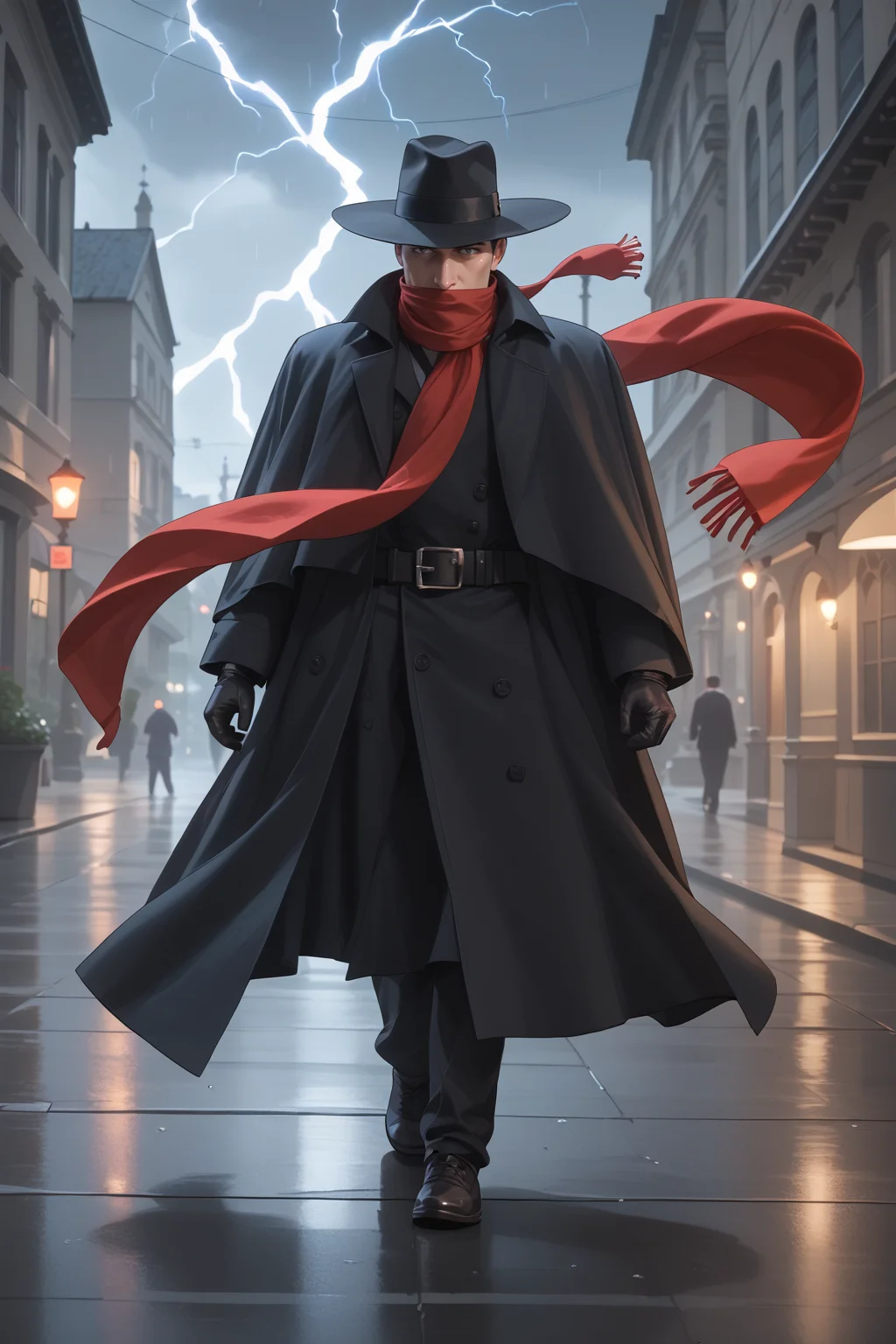 score_9, score_8_up, score_7_up, masterpiece, high quality, BREAK manly mature man, 40 years old
 <lora:The ShadowPonyLoRA:0.8>theshdw, scarf, mask, fedora, short hair, trench coat, cape, gloves, belt, ring, pants,, rain, thunder, lightning, walking on an empty street, grim look, 1950s theme,