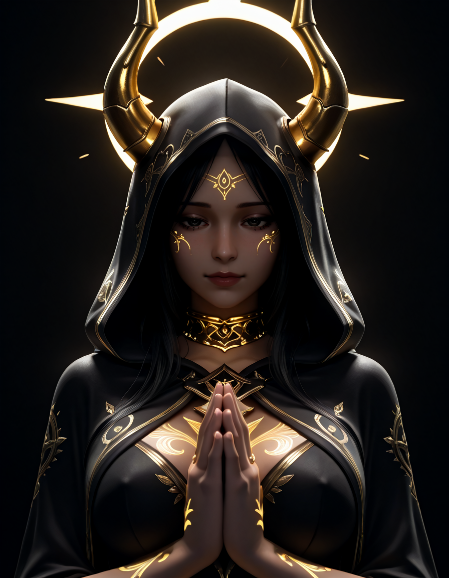 (masterpiece, best quality, ultra-detailed, absurdres, newest, detailed textures, correct anatomy:1), 
<lora:RyanreosILv4:0.25>, ryanreos, 3D, <lora:MikaDawn3D_-_3D_Style_Illustrious:0.25>, MikaDawn3D, drawn outlines, 2d/3d hybrid, <lora:3D_Crayon:0.25>, <lora:B8M8-Illustrious:0.25>, b8m8, 
a woman with a dark, gothic aesthetic, intricate black and gold tattoos covering her face and body, praying with her hands together in front of her chest, wearing a hooded cloak with matching tattoos, golden horns on her head, halo of gold light behind her, intense and mysterious expression, dark background, high contrast, detailed textures, fantasy, surreal, ethereal, elegant, serene, powerful, spiritual, captivating, mesmerizing, high detail, intricate design, dramatic lighting, <lora:Utility_-_Hands_v5.5:1>