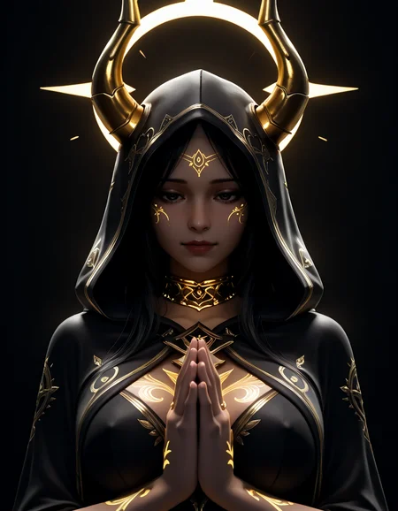 (masterpiece, best quality, ultra-detailed, absurdres, newest, detailed textures, correct anatomy:1), 
<lora:RyanreosILv4:0.25>, ryanreos, 3D, <lora:MikaDawn3D_-_3D_Style_Illustrious:0.25>, MikaDawn3D, drawn outlines, 2d/3d hybrid, <lora:3D_Crayon:0.25>, <lora:B8M8-Illustrious:0.25>, b8m8, 
a woman with a dark, gothic aesthetic, intricate black and gold tattoos covering her face and body, praying with her hands together in front of her chest, wearing a hooded cloak with matching tattoos, golden horns on her head, halo of gold light behind her, intense and mysterious expression, dark background, high contrast, detailed textures, fantasy, surreal, ethereal, elegant, serene, powerful, spiritual, captivating, mesmerizing, high detail, intricate design, dramatic lighting, <lora:Utility_-_Hands_v5.5:1>