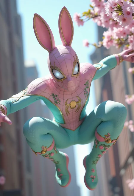 A playful yet formidable Easter-themed Spider-Man, clad in a pastel pink and soft blue bodysuit adorned with subtle floral patterns and a shimmering, delicate web design. The iconic spider emblem on his chest is reimagined with intertwining vines and pastel-colored flowers. His mask is a smooth, glossy bunny design, with sharp ears and glowing white eyes that give him a mischievous yet heroic look. His gloves and boots are mint green with floral accents, and his web-shooters are upgraded with egg-shaped cartridges. The backdrop features a bright, spring cityscape with cherry blossoms in bloom, as Spider-Bunny swings gracefully between buildings, his playful nature masking his deadly agility.
