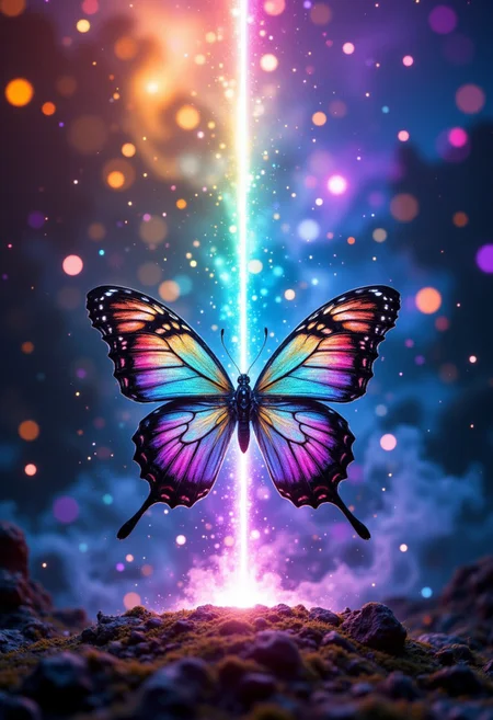 cinematic photo a radiant rainbow fountain bursts forth from a kaleidoscope of glittering gemstones, as a majestic butterfly with iridescent wings and a trail of sparkling stardust unfurls its delicate beauty amidst the shimmering mist, surrounded by a chorus of singing fireflies and a procession of gleaming lanterns carried by dancing clouds. . 35mm photograph, film, bokeh, professional, 4k, highly detailed
, aidmafluxpro1.1, aidmaimageupgrader, aidmaHyperrealism