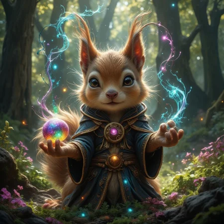 monster, nightmare, fear, Cinematic style, Beauty, Realism, Photorealism, Chiaroscuro, High quality
In a lush, sun-dappled forest glade, a cute, fluffy squirrel mage stands on its hind legs, radiating an aura of magical energy. This squirrel, with soft, realistic fur in shades of warm brown and cream, wears a tiny, intricately designed robe adorned with mystical symbols and vibrant patterns that reflect its magical prowess. Its expressive, bright eyes are filled with concentration as it holds a shimmering hazelnut in its tiny paws.
Around the squirrel, wisps of magical energy swirl in the air, glowing with soft, enchanting colors—blues, purples, and greens—illuminating the scene with a whimsical light. The hazelnut, resting in the squirrel's paws, is surrounded by a faint, sparkling aura, indicating the enchantment process in action.
Delicate tendrils of magic spiral from the squirrel's outstretched paw, intertwining with the hazelnut, as tiny, glowing orbs float around it, each representing a spell or charm being woven into the nut. The background features towering trees, lush foliage, and a carpet of vibrant wildflowers, creating a serene and enchanting atmosphere that highlights the magical moment of creation as the squirrel focuses intently on its spell.