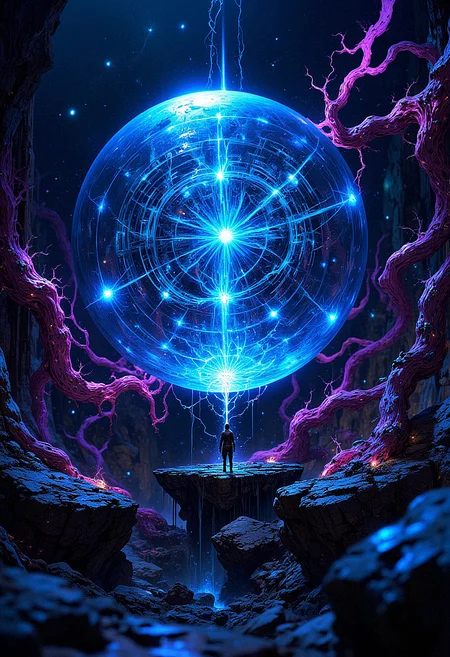 A hyper-realistic scene of a floating, giant crystal orb, glowing with inner blue light. The orb is suspended above a black void, surrounded by swirling tendrils of energy, which pulsate with vivid neon hues of purple, green, and pink. Inside the orb, intricate geometric patterns shift and morph, creating a mesmerizing kaleidoscope effect. The scene is set in complete darkness, with only the glowing orb and tendrils illuminating the space. The atmosphere is otherworldly and enigmatic, capturing a sense of cosmic power and mystery.   <lora:FluxMythP0rtr4itStyle:0.8> MythP0rt,  <lora:aidmaImageUpgrader-FLUX-V0.1:0.33> detailmaximizer,  <lora:artilands:0.66>