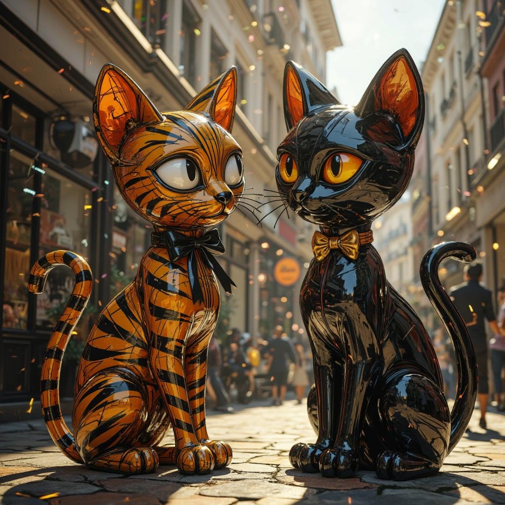 <lora:ck-Ivan-Beslic-Art-Style-000019.safetensors:1> A highly detailed and vibrant digital painting in the style of ck-ib
In a hyperrealistic 3D-rendered scene, two striking cat sculptures stand at the center, their glossy finishes reflecting the dynamic lighting. The left cat, a vivid blend of bold orange and black stripes, exudes a playful yet modern artfulness. Its large, expressive eyes, glossy white, give it an endearing and cartoonish charm. A small, black ribbon ties neatly around its neck, adding a touch of elegance. The cat’s tail curls elegantly, capturing a moment of poised anticipation, while its sleek body curves in an exaggerated, fluid form.
To the right, the second cat contrasts sharply with its sleek, glossy black exterior, embodying refined and fluid sophistication. Its eyes, a piercing yellow, stand out dramatically against its dark coat. The inner part of its ears, painted a subtle orange-red, adds a warm, understated touch. A golden bow adorns its neck, complementing the shiny black surface and enhancing its playful sophistication. The curvature of its tail mirrors the left cat, yet with a unique twist, creating a visually balanced and harmonious scene.
The lighting is intense and cinematic, with strong sunlight casting sharp shadows and creating lens flares that add to the scene's dramatic tension. The reflective surfaces of the sculptures catch the light, highlighting the intricate details and textures of the fabric, metal, and glowing energy effects. The background remains neutral, ensuring all focus remains on the vibrant and lifelike artistry of the sculptures.
The atmosphere is vibrant and energetic, with a sense of confidence and heroic intensity. This scene beautifully captures the synthesis of modern art aesthetics and anthropomorphic character design, engaging viewers with its lively and detailed portrayal.