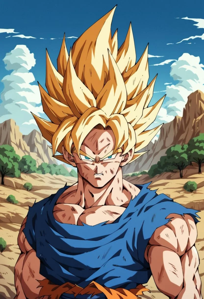 score_9, score_8_up, score_7_up, score_6_up,rating_questionable,portrait,((Solo:1.0)),(Son goku), without a shirt,(super expresive), ultradetailed, masterpiece, best quality, highres, in desert, montains, clouds, trees