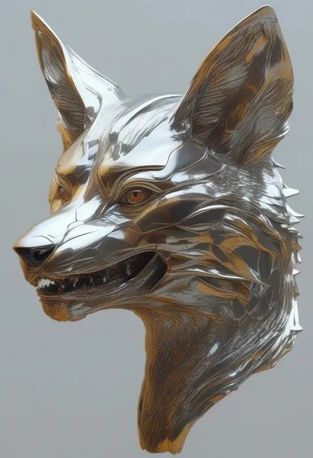 Roger Dean, silver, chrome, elegant, intricate, viewed from side, golden ratio, viewed from the side, metallic anthro fox, mouth open, tongue out