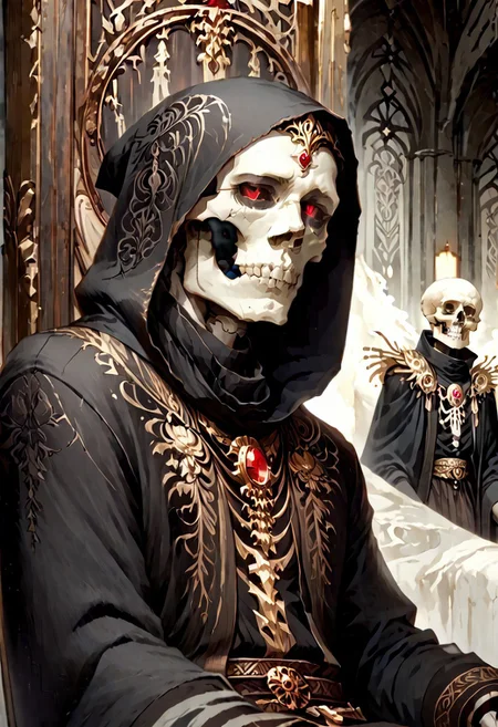 8k, score_9, score_8_up, score_7_up, Art Noveau, masterpiece, 1man (skeleton), (skull face), empty eye sockets, glowing red eyes, grey skin,
intricate black robe, intricate gold sash, black pants, black hood, gold trim, black capelet, high collar, no ears, long sleeves, long intricate gloves, emerald amulet. bracers,
sitting on throne, dark ruined palace, indoors,
1dk, portrait, Art Noveau, Noveau, skeleton, glowing eyes, black sclera, empty eyes, FFAOR, sharp_LASCALAE, ultra sharp focus,