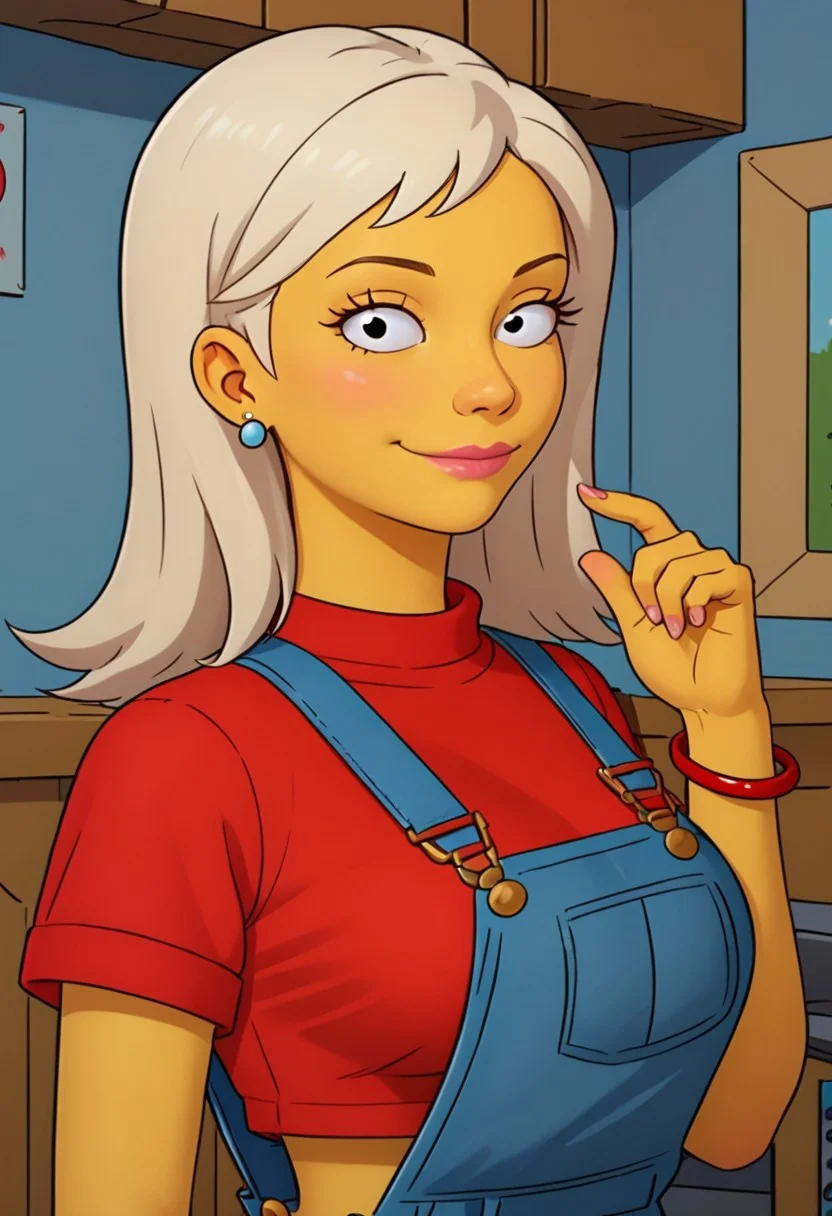((bedroom background)),score_9, score_8_up, score_7_up,score_6_up,
1girl, solo, Becky_TS, yellow skin, black eyes, blonde hair, long hair, light blue earrings, red sleeveless sweater, blue overalls with fitted straps, red bracelet on the wrist, black boots, big eyes, tall stature, social smile, sexy face, close-up, face photo, perfect eyes, perfect smile, looking at the viewer, big breasts, detailed eyes, perfect eyes, very close-up, cute