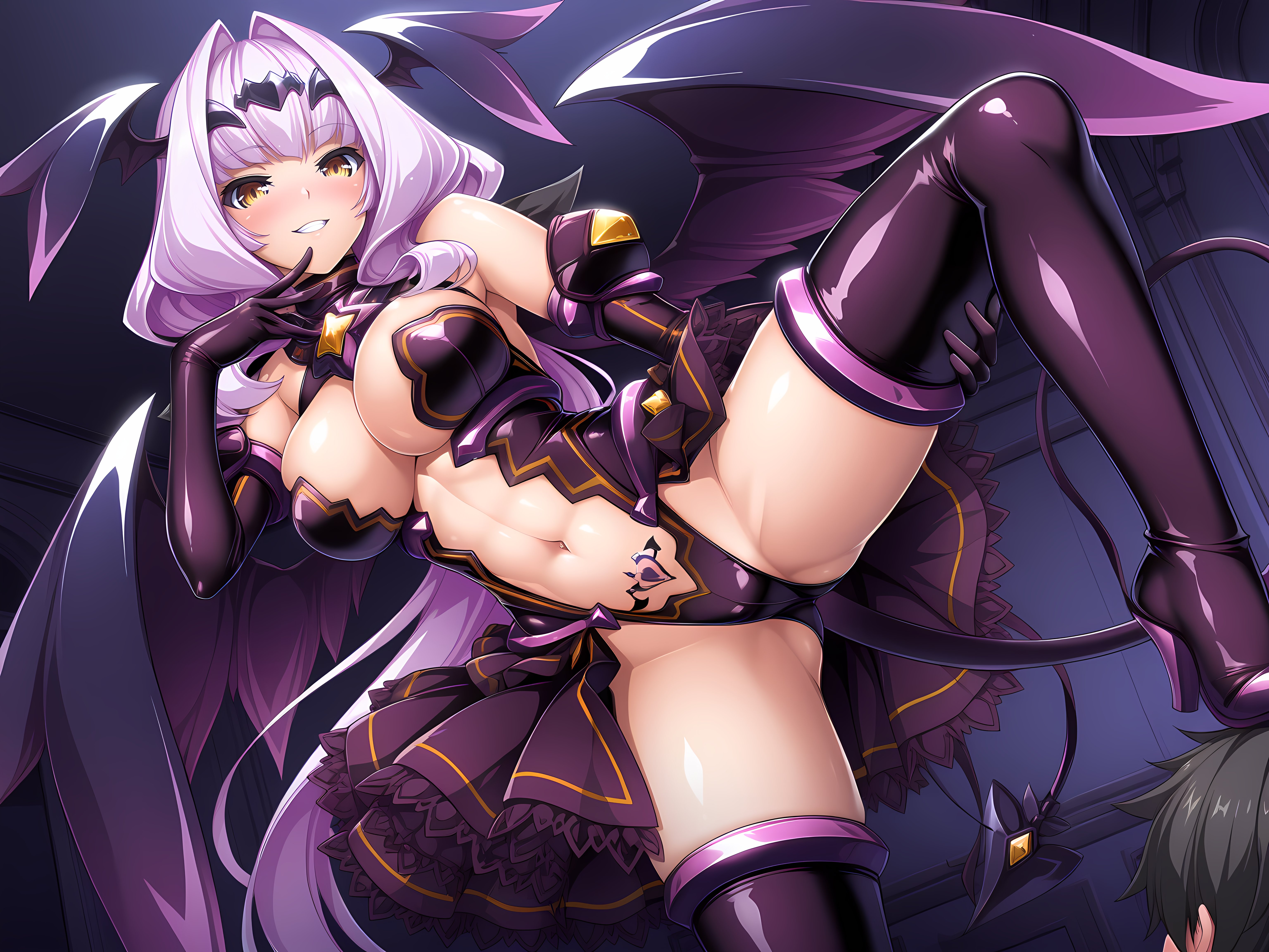 <lora:Azarin_Illustrious:0.8>,dark magica,1girl,solo,lusterise,large breasts,blush,indoors,grin,standing on one leg,wings,tail,femdom,, masterpiece,best quality,amazing quality,