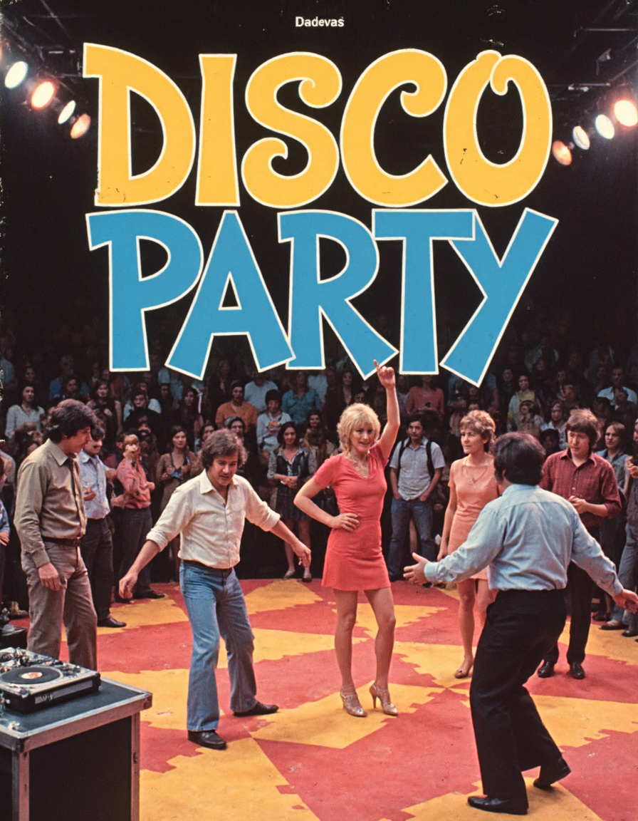 GroovyAesthetica, 1970s style, Using a 35mm lens, take a Kodachrome photograph. 
<break>
A retro-style poster for a 1970s disco party, with a flashy font and a colorful illustration of a dance floor, complete with flashing lights and a DJ spinning records.