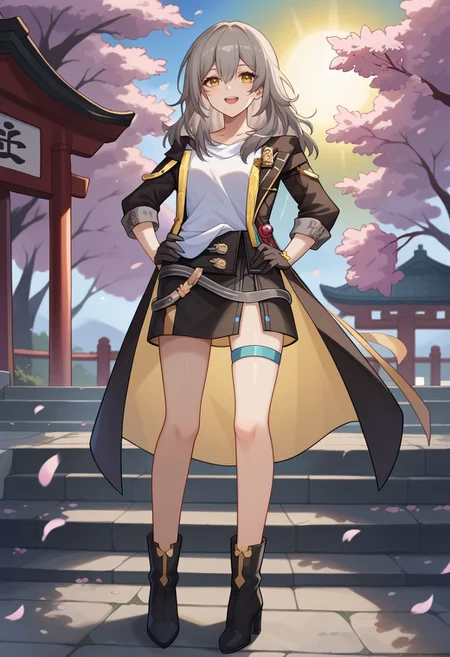 score_9, score_8_up, score_7_up, source_anime, 1girl, stelledef, yellow eyes, grey hair, long hair, hair between eyes, white shirt, black jacket, open clothes, open jacket, long sleeves, black gloves, black skirt, miniskirt, thigh strap, high heel boots, black footwear, standing, smile, open mouth, looking at viewer, outdoors, cherry blossoms, shrine, sun, facing viewer, hand on own hip, <lora:Stelle_v1-10:1>
