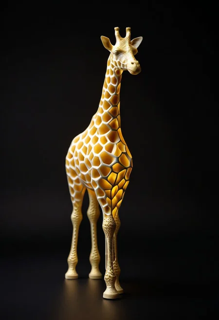 8K analog photo, 3d printed gold giraffe Statue made of Honeycomb Structure, WhiteMold, Walking, dark background, minimalist,