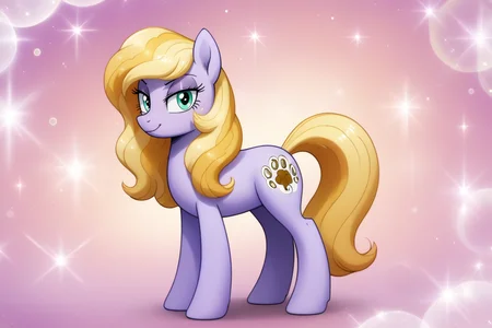 score_9, score_8_up, score_7_up, score_6_up, source_pony, extremely detailed, BREAK
(light purple pony:1.3), blue eyes, blonde, earth pony, purple heels, eyeshadow, straight hair, long hair, adult, smile, female, solo, closed mouth, quadraped, looking at viewer, (full body:1.4), (pawprint cutie mark:1.2) BREAK
<lora:Shoujo_Bubbles:1.5> sh0jo_bubbles, (purple:1.6)
<lora:add-detail-xl:1>