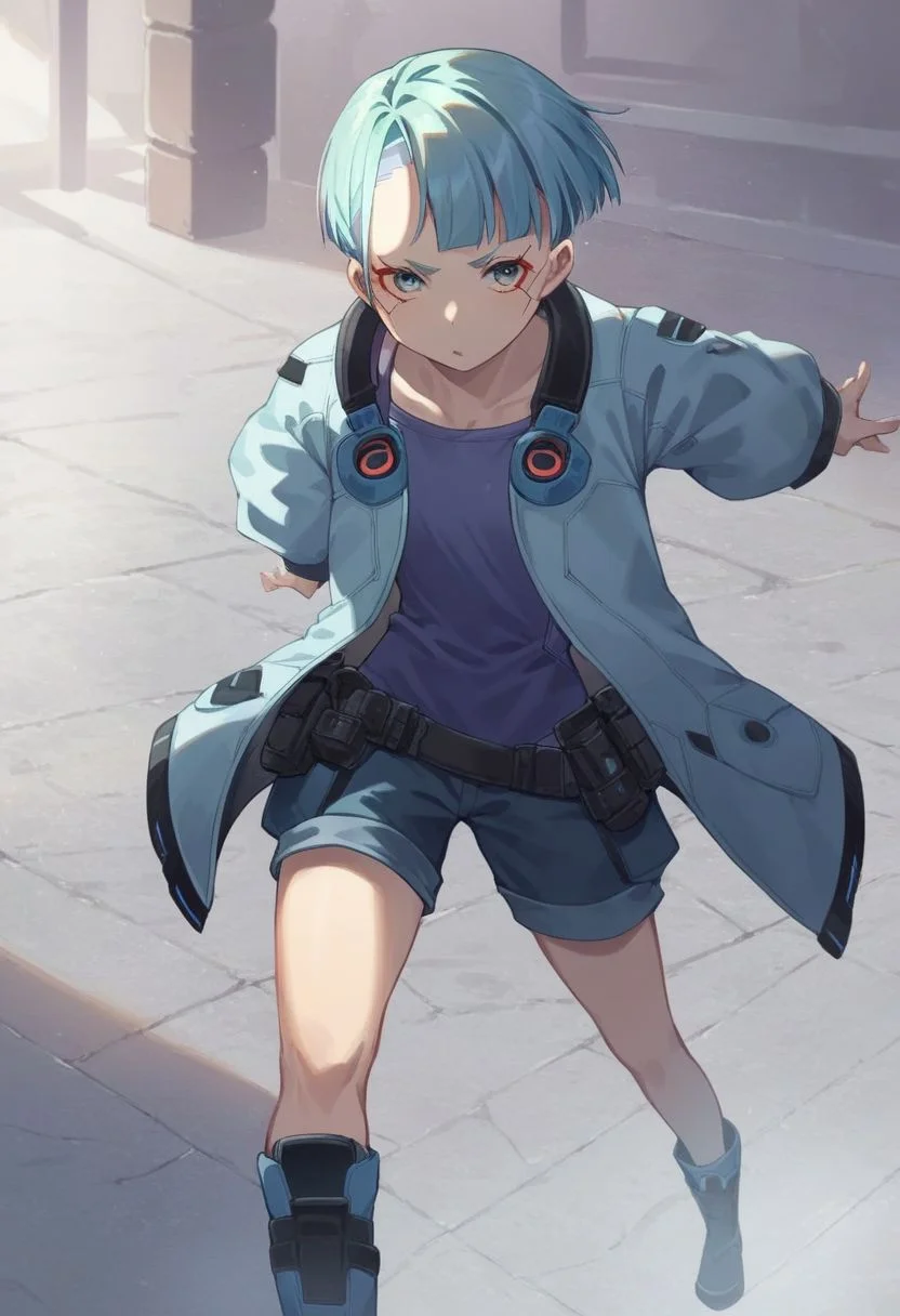 score_9, score_8_up, score_7_up, score_6_up, score_5_up, score_4_up, source_anime, 1girl, oversized jacket, light blue jacket, shorts, roll out, holster, boots, dynamic pose, detailed cyberpunk city background, mabyss, Perfect Hands, perfecteyes