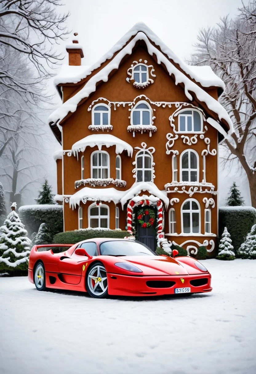 Ferrari f50,winter ,in front of house.Christmas<lora:GingerbreadStyle_epoch_10:0.7>