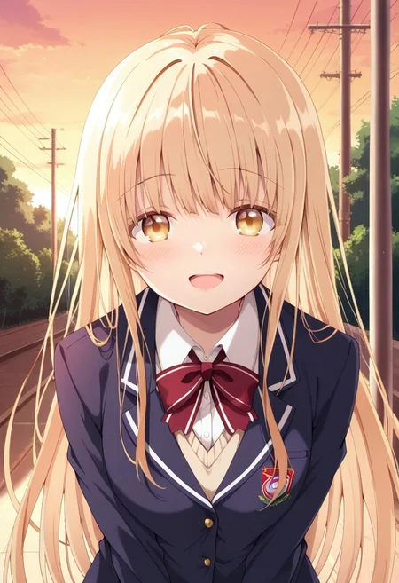 masterpiece,best quality, Super Detail, highest quality,amazing quality, mahiru shiina, blonde hair, long hair, caramel eyes, solo, smile, 1girl, open mouth, bow, jacket, looking at viewer, school uniform, red bow, shirt,  outdoors
