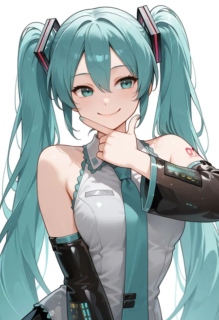 solo, upper body, woman, hatsune miku, absurdly long hair,aqua hair,twintails,hair ornament,sidelocks,hair between eyes,parted bangs,aqua eyes, white shirt,collared shirt,bare shoulders,sleeveless shirt,aqua necktie,detached sleeves,black sleeves,shoulder tattoo,fringe, pogi_pose, smile, facing front, white background, best quality, masterpiece, 4k resolution, anime