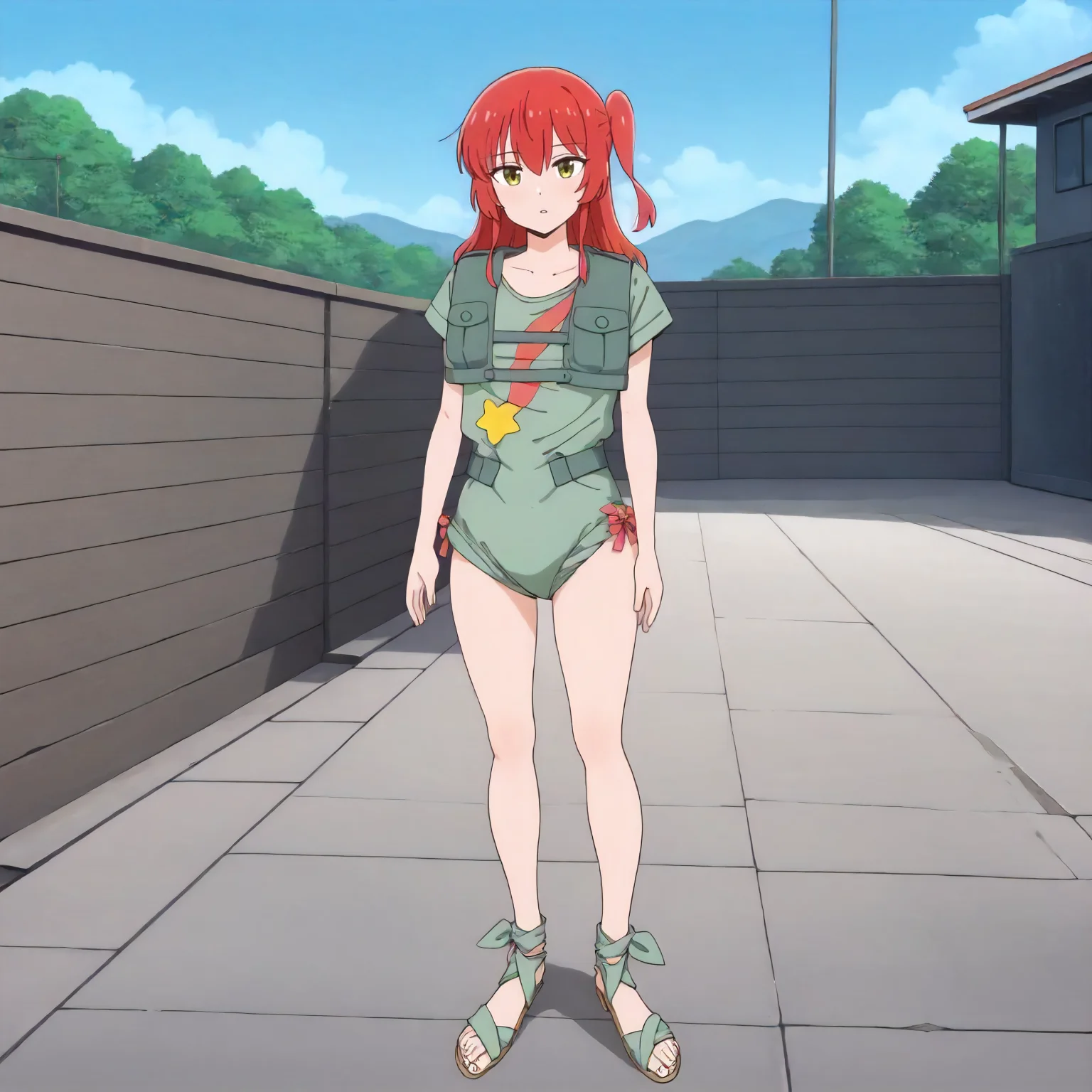 <lora:costume_roux_louka_outfitXLIllustrious002>,
masterpiece,best quality,good quality,newest,
outdoors,day,
parted lips,
looking at viewer,
solo,
1girl,kita ikuyo,bocchi the rock!,
anime coloring,
louka_outfit\(costume\),green leotard,short_sleeves,crop top green vest,star \(symbol\),
green waistband,outfit ribbon,
sandals,
full body,standing,