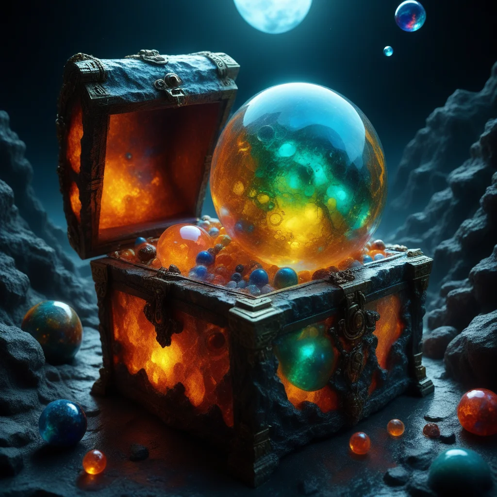 treasure chest, cube, playing instrument, bubble, molten rock, orb, pouring, night sky, science fiction, monster, colored sclera, still life, see-through, nature, sunlight