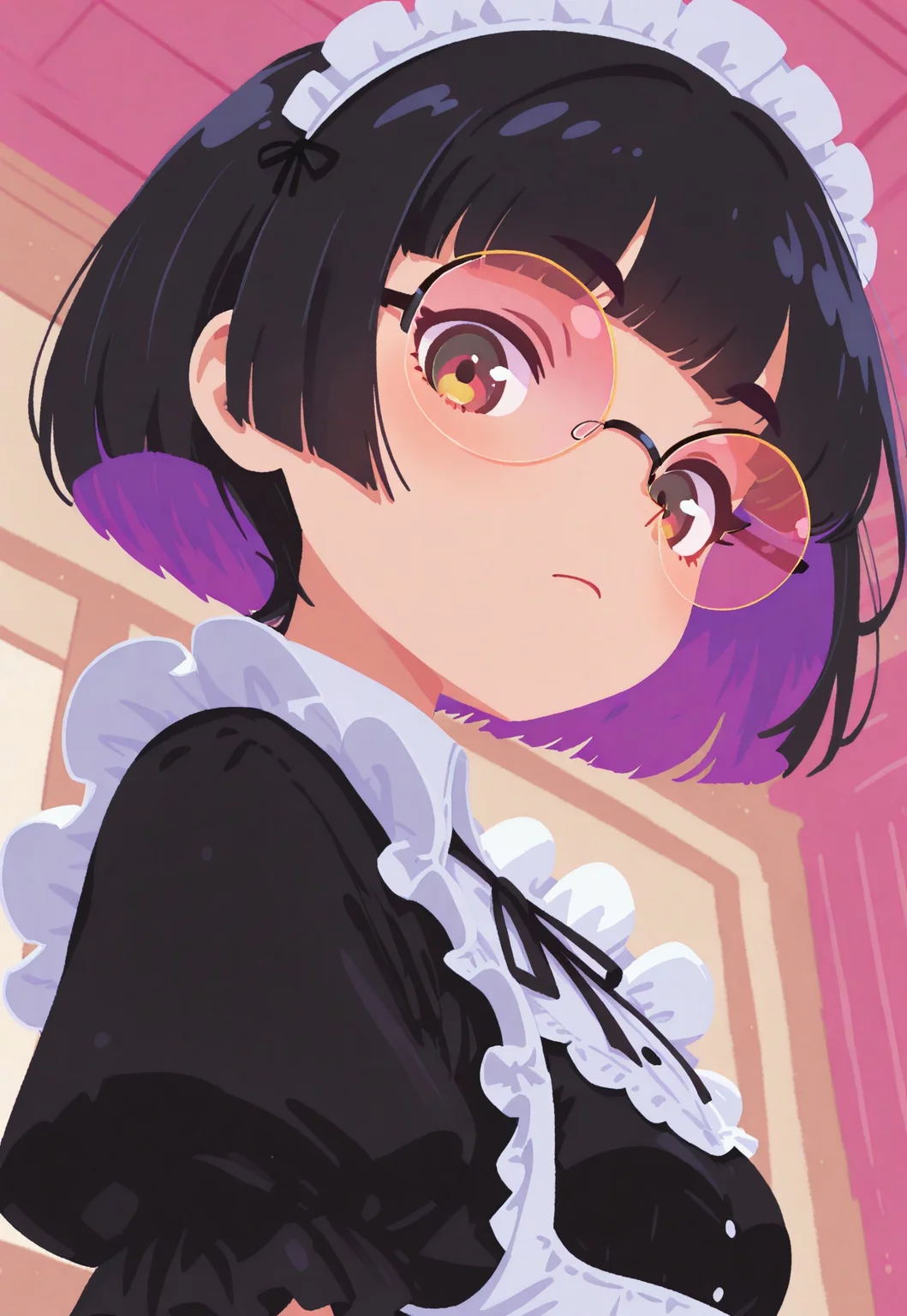 masterpiece, best quality, good quality, newest, highres, absurdres, very awa, vivid colors, flat color, 2D, strong lines, Pop Art, depth of field, focused subject, close up, stylized,
in neon shades, 1girl, maid clothes, black bobcut hair, large rimless round glasses, looking at viewer, dynamic angle, from below, from side, relaxing, no lineart,no outline,